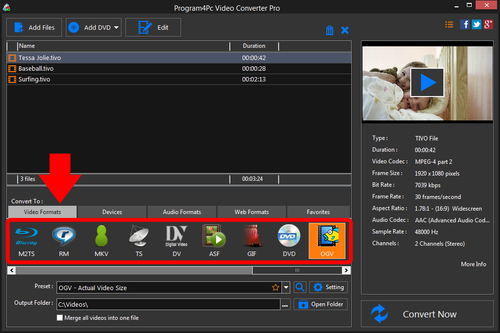 Select OGV file format and convert it