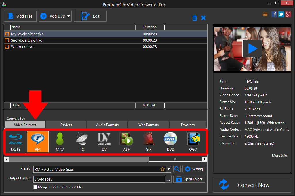 Select RM file format and convert it
