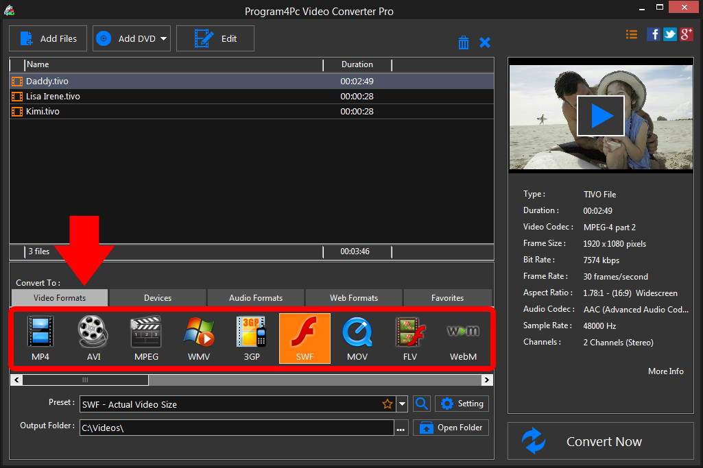 Select SWF file format and convert it