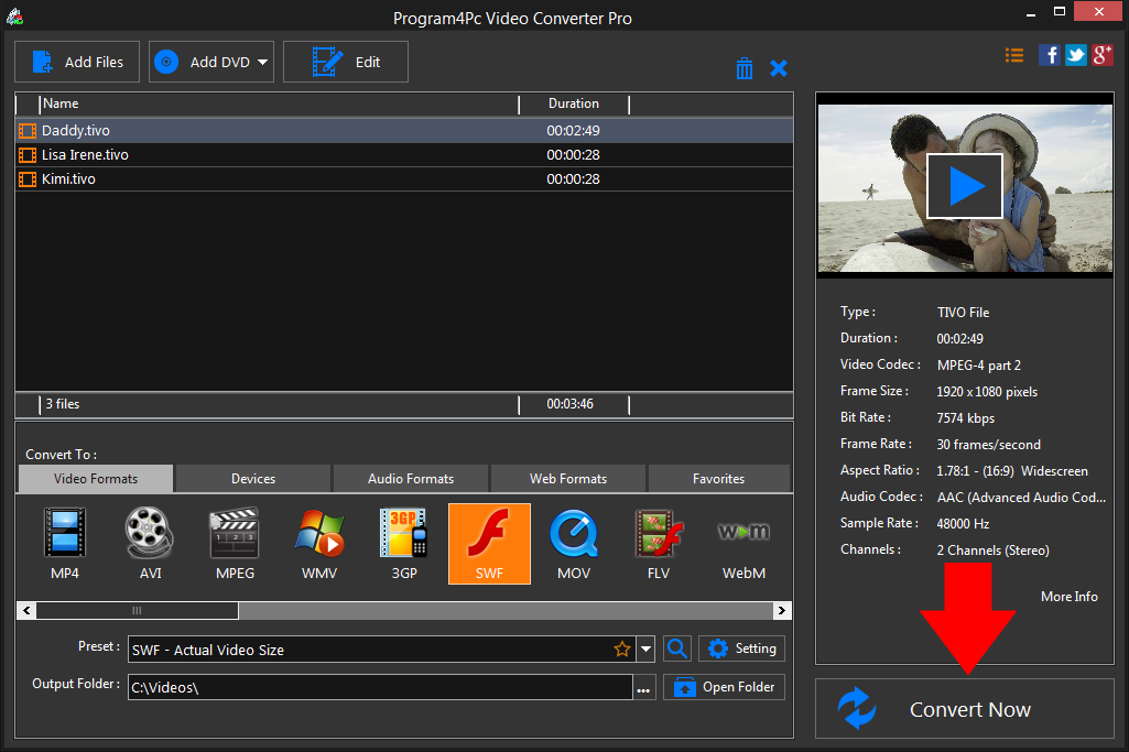 Convert TIVO to SWF video formats