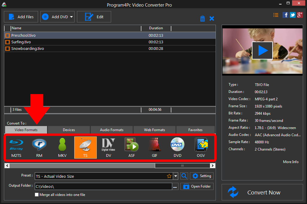 Select TS file format and convert it