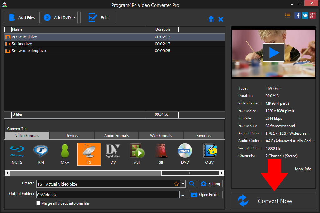 Convert TIVO to TS video formats