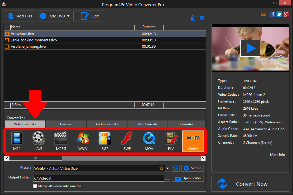 Select WEBM file format and convert it