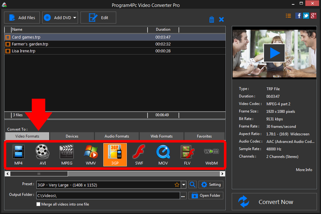 Select 3GP file format and convert it