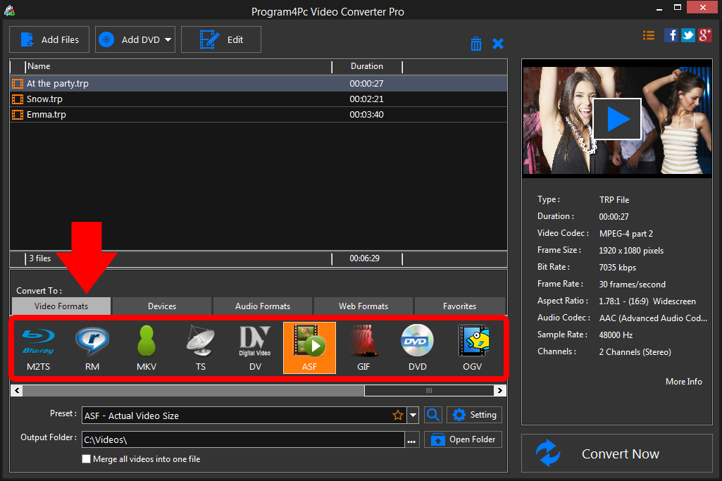 Select ASF file format and convert it