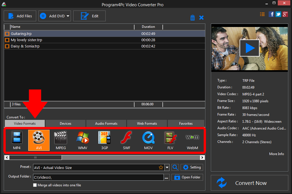 Select AVI file format and convert it