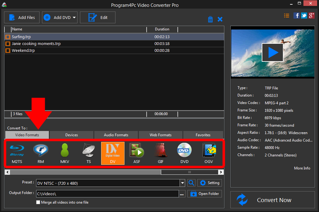 Select DV file format and convert it