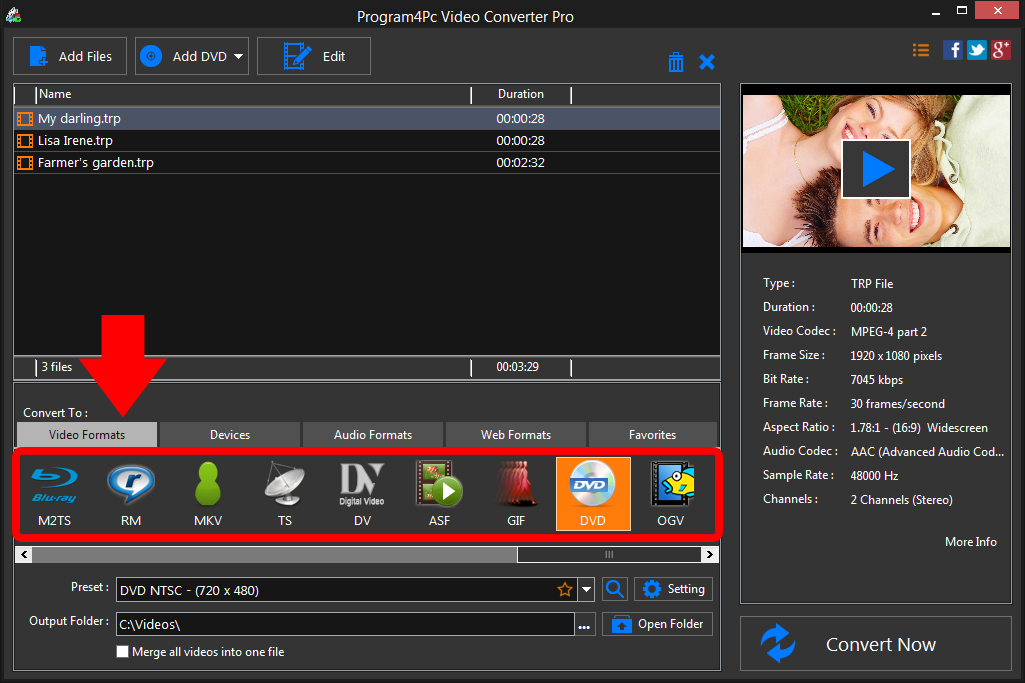 Select DVD file format and convert it