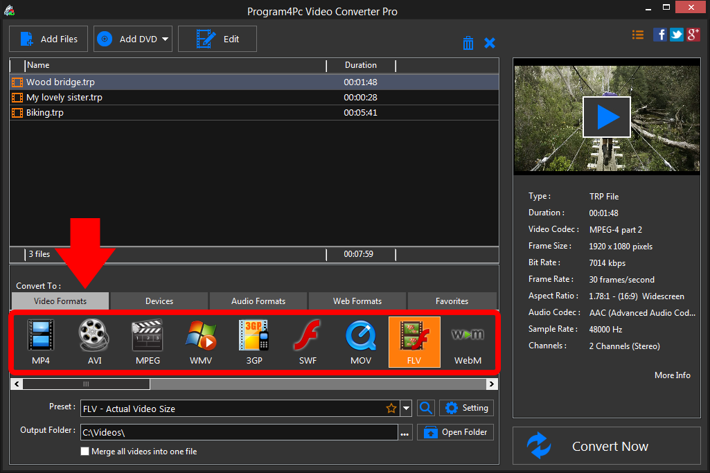 Select FLV file format and convert it