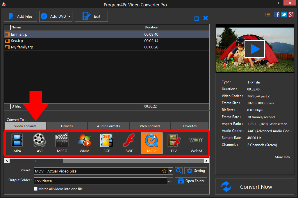 Select MOV file format and convert it