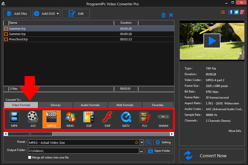 Select MPEG file format and convert it