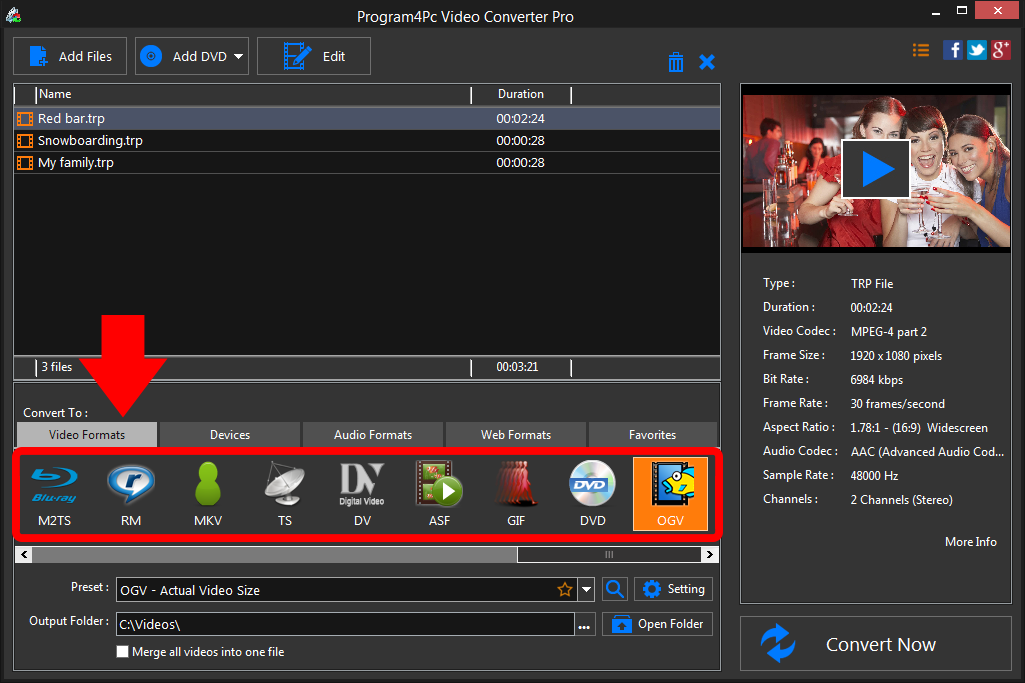 Select OGV file format and convert it