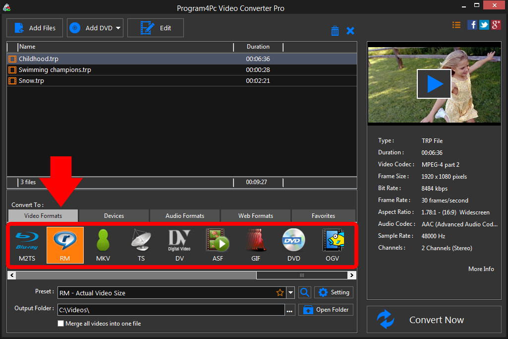 Select RM file format and convert it