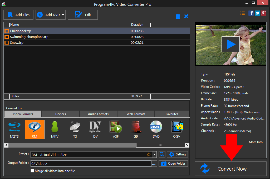 Convert TRP to RM video formats