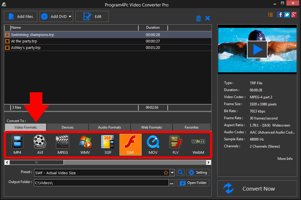 Select SWF file format and convert it