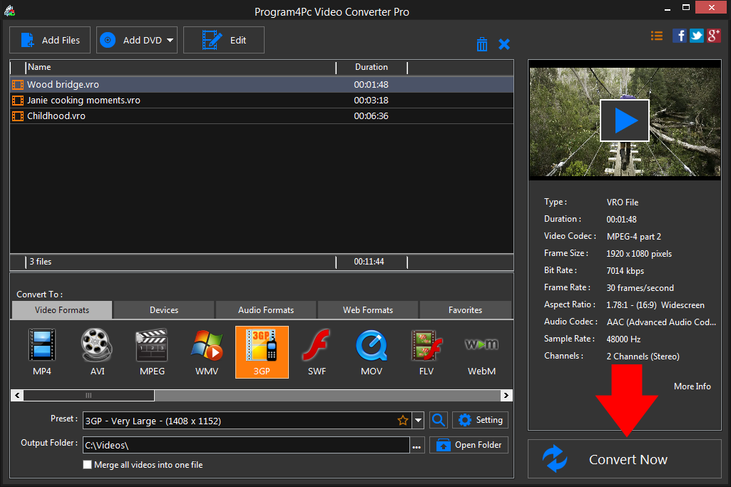 Convert VRO to 3GP video formats