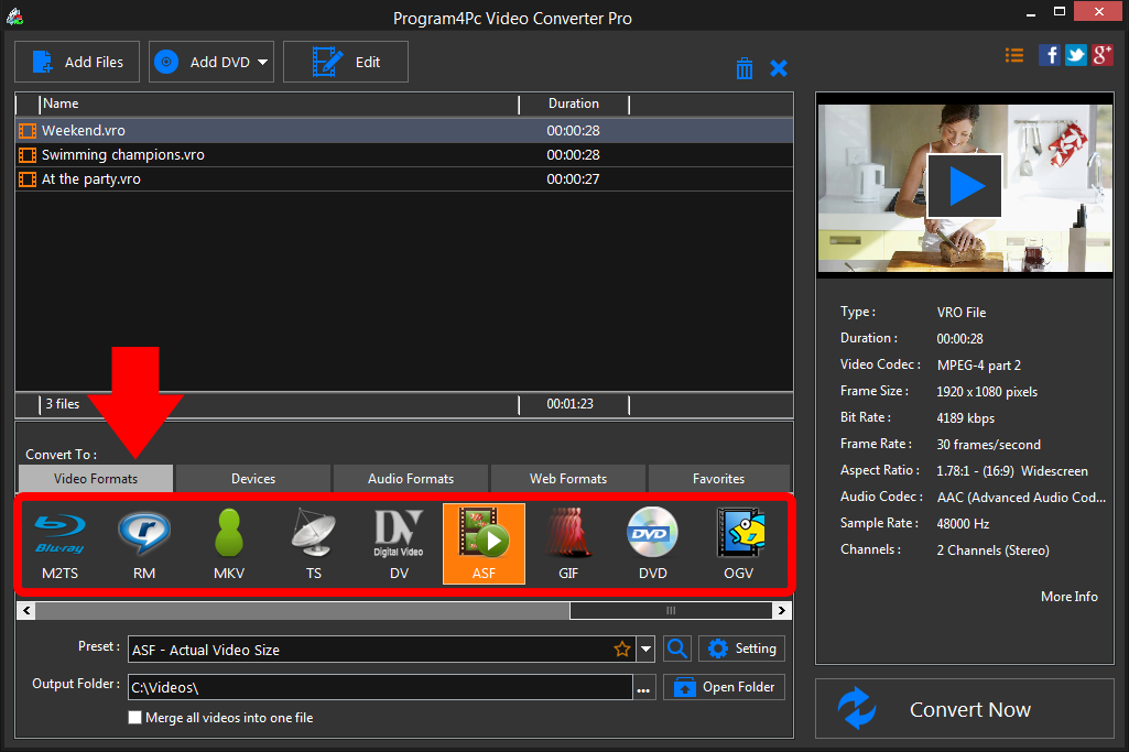Select ASF file format and convert it