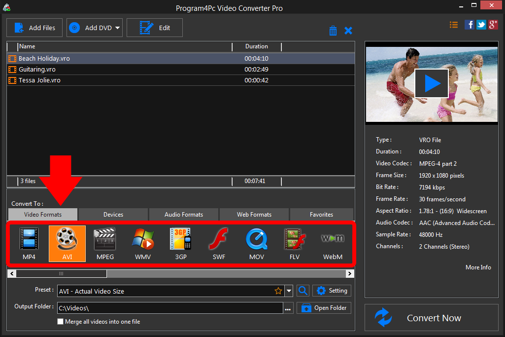 Select AVI file format and convert it