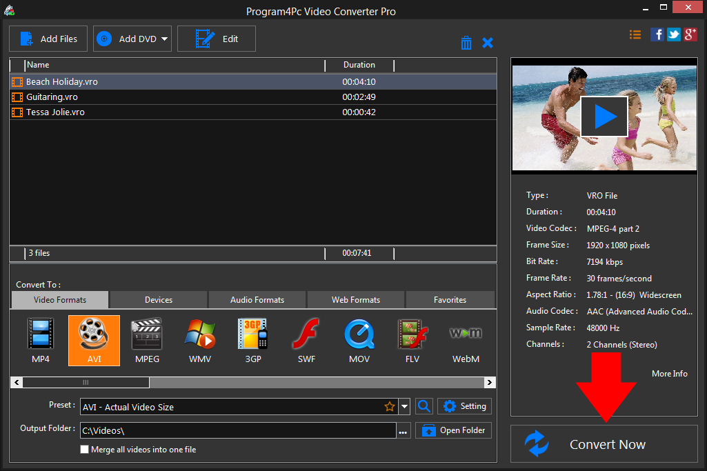 Convert VRO to AVI video formats