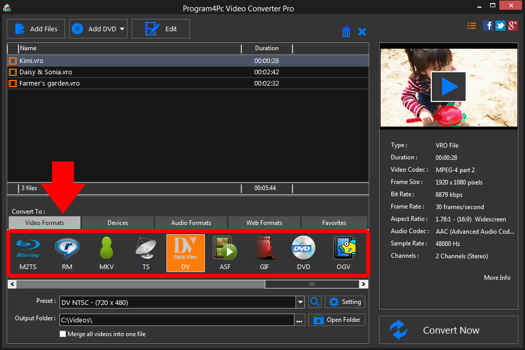 Select DV file format and convert it