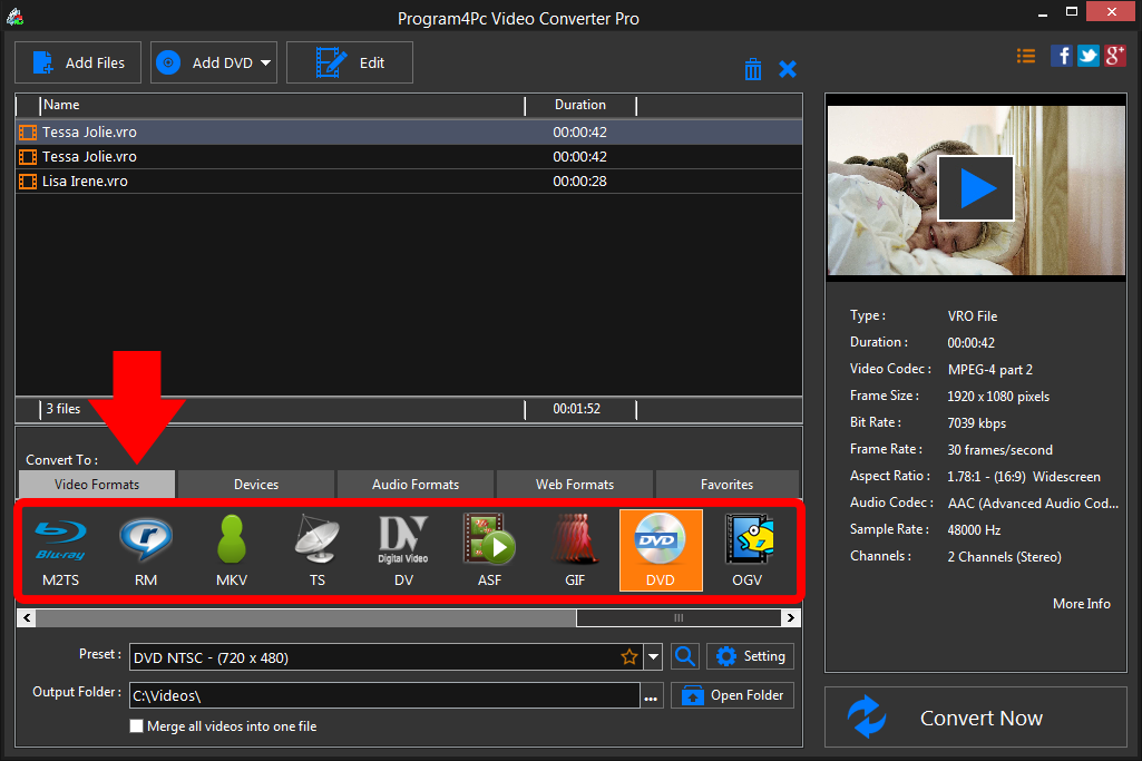 Select DVD file format and convert it