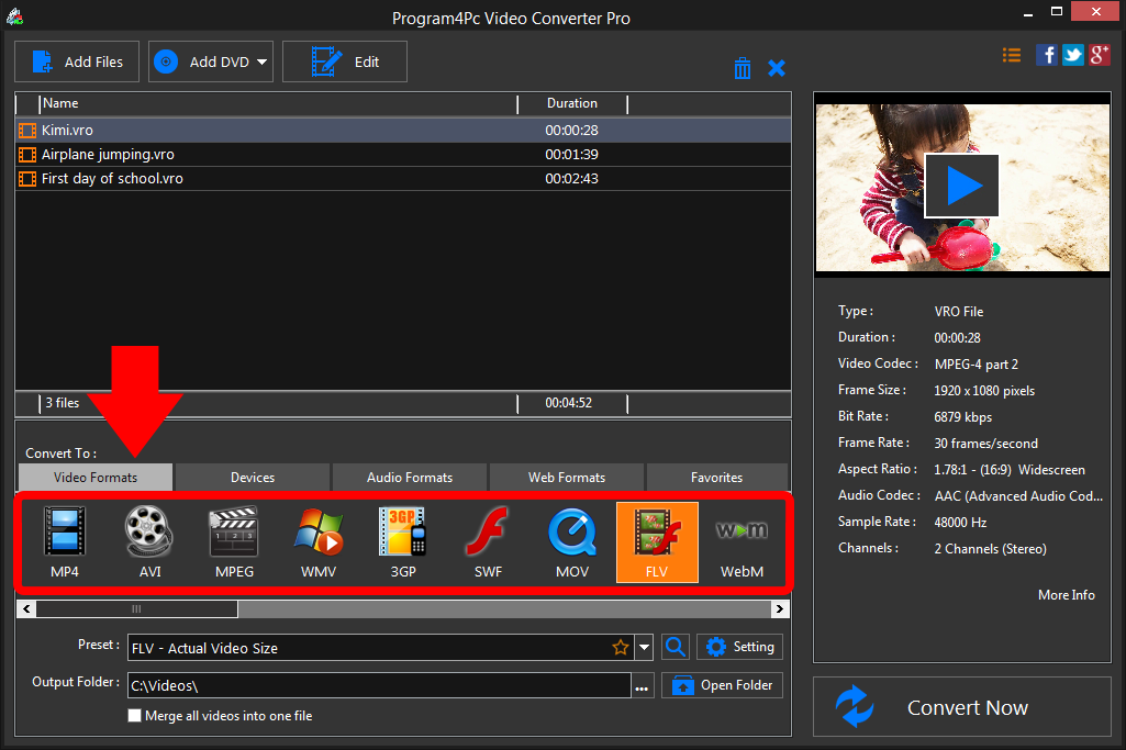 Select FLV file format and convert it