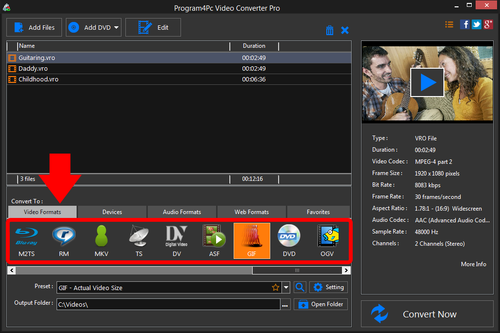 Select GIF file format and convert it