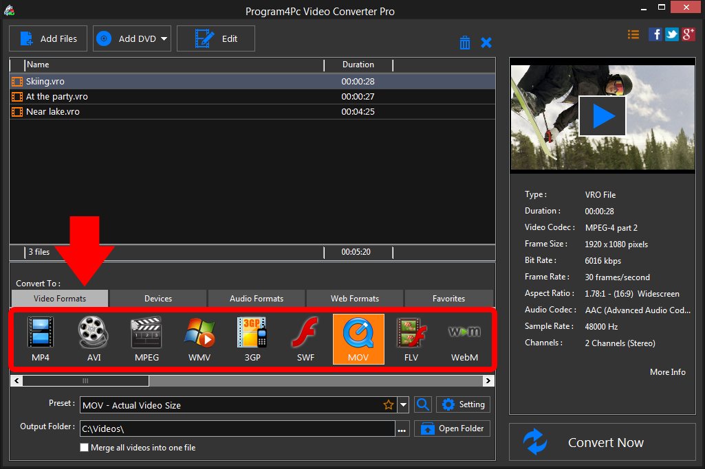 Select MOV file format and convert it