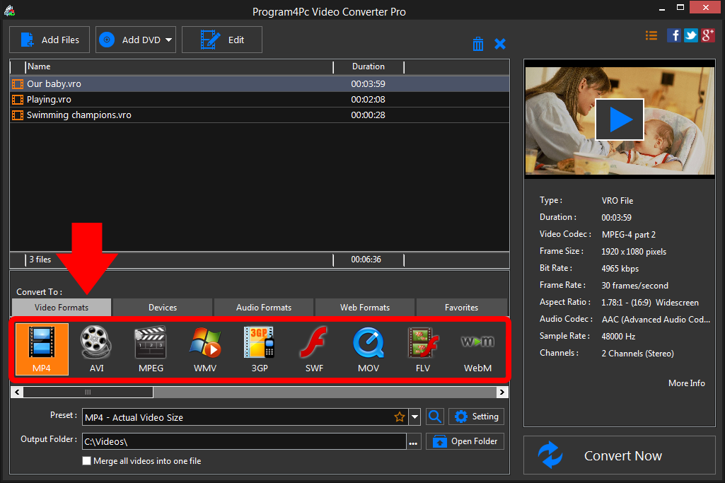 Select MP4 file format and convert it