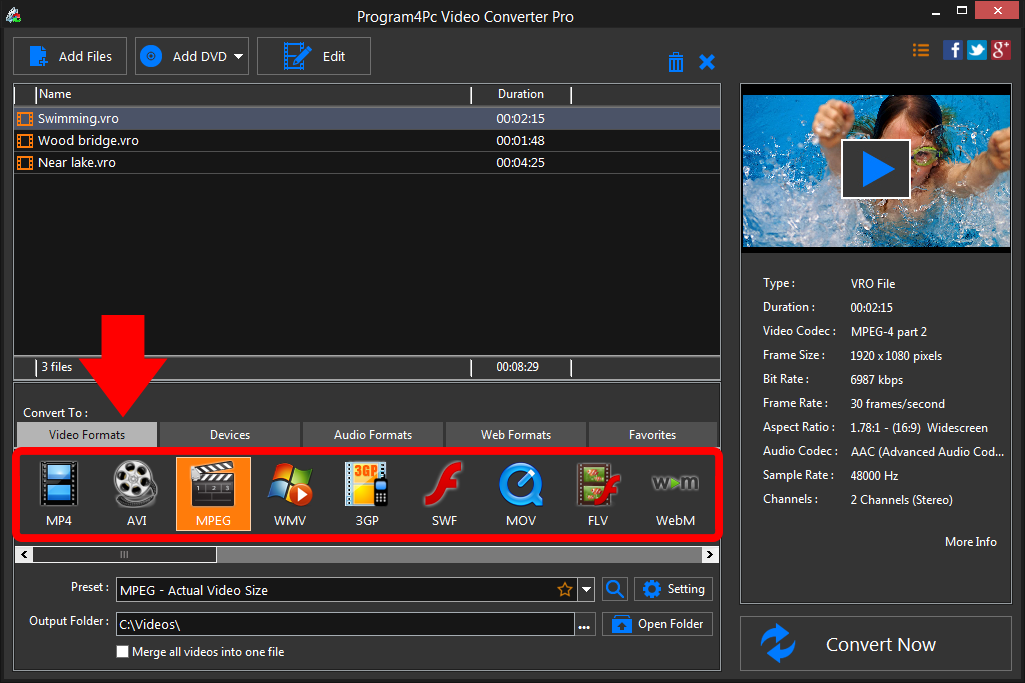 Select MPEG file format and convert it