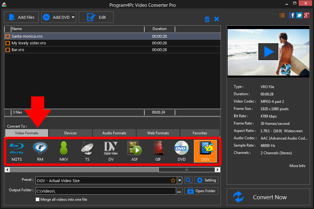 Select OGV file format and convert it