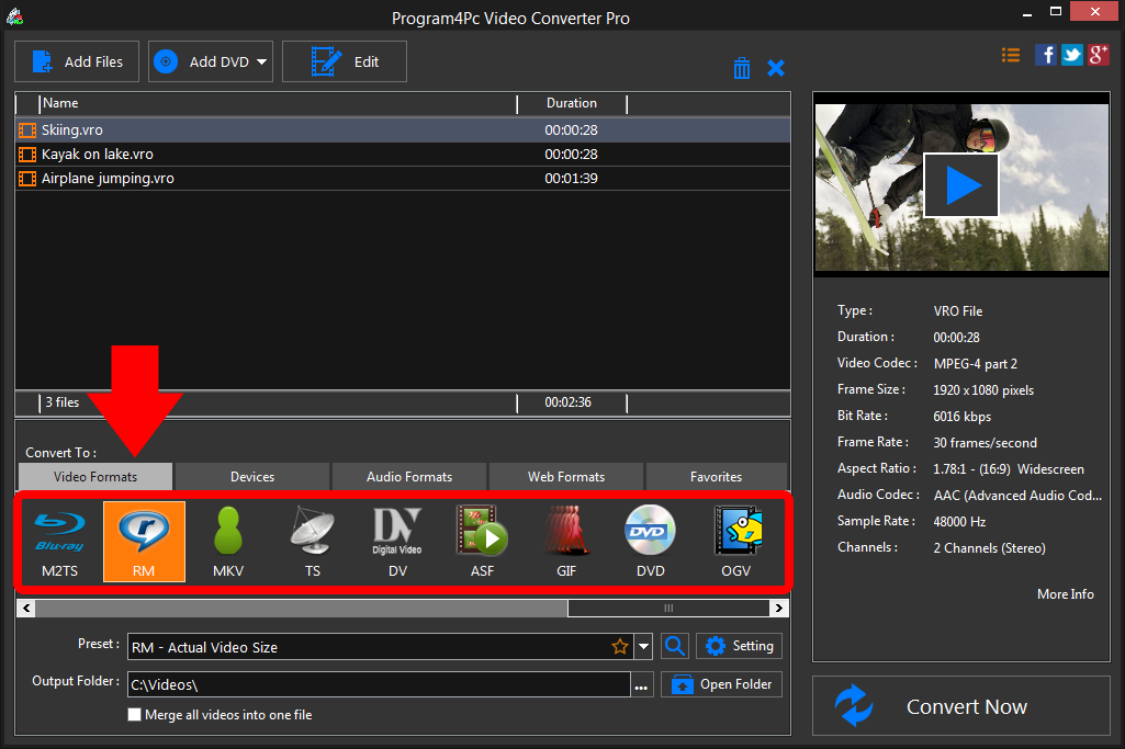 Select RM file format and convert it