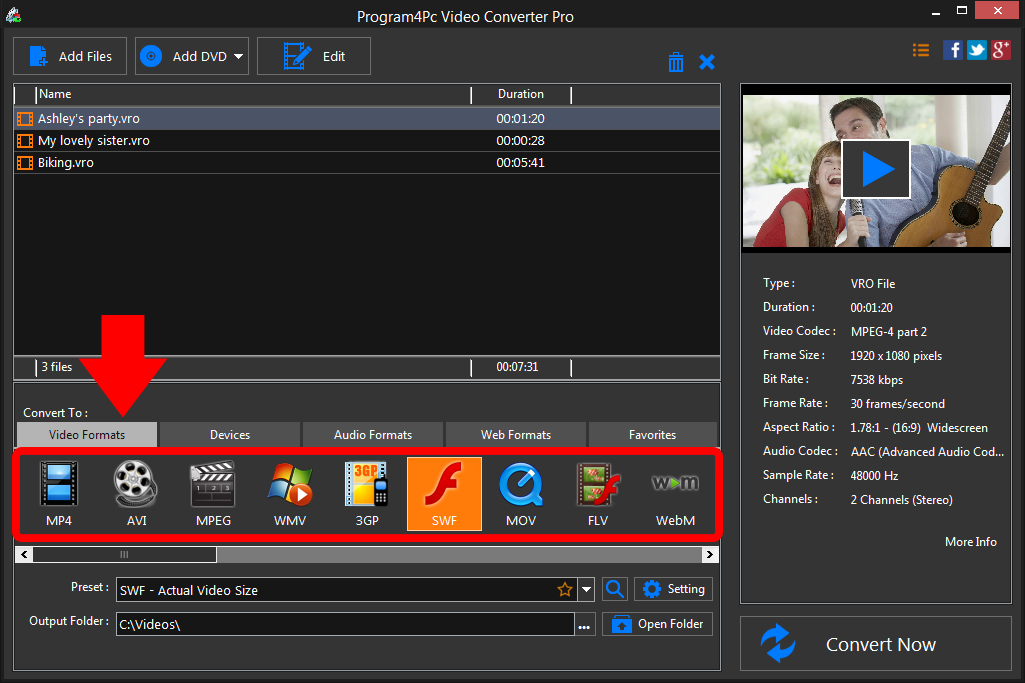 Select SWF file format and convert it