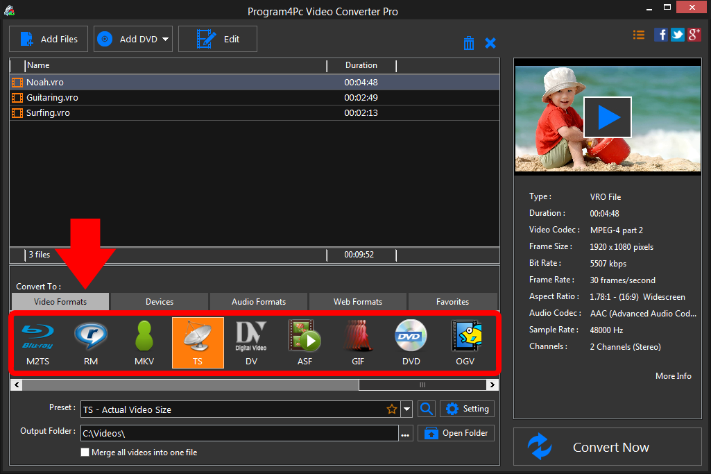 Select TS file format and convert it