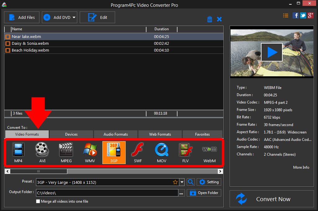 Select 3GP file format and convert it