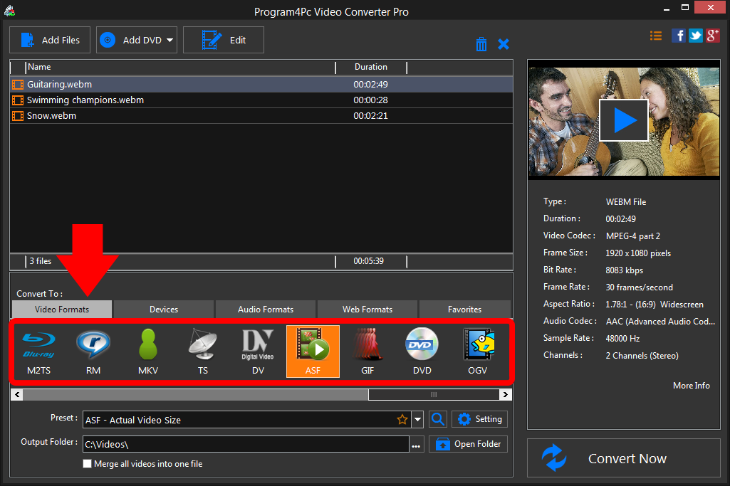 Select ASF file format and convert it