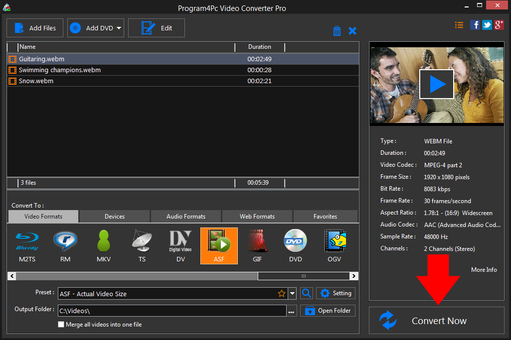 Convert WEBM to ASF video formats
