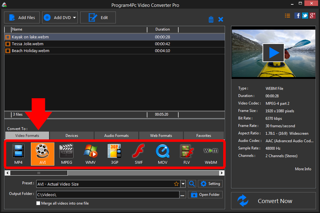 Select AVI file format and convert it