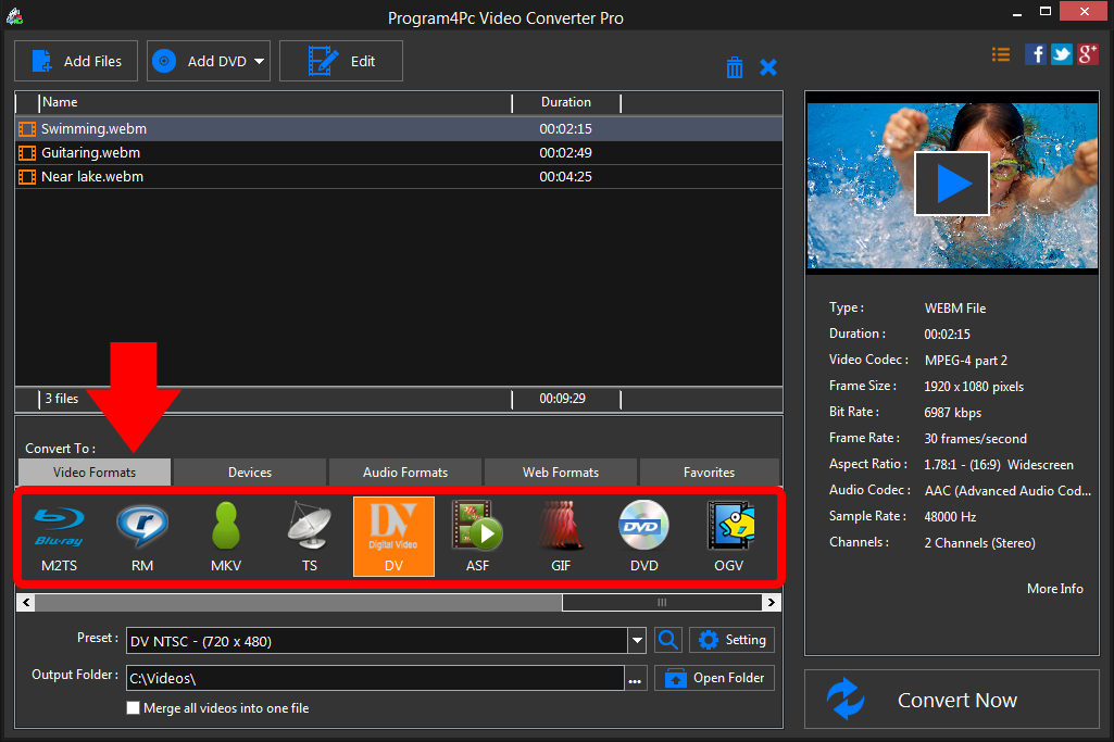 Select DV file format and convert it
