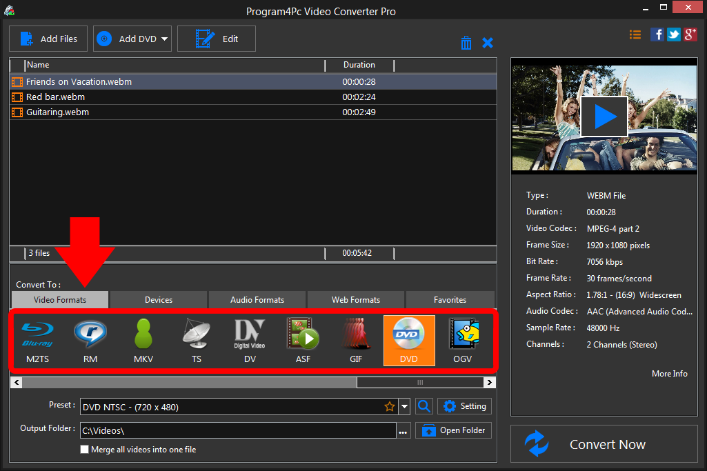 Select DVD file format and convert it