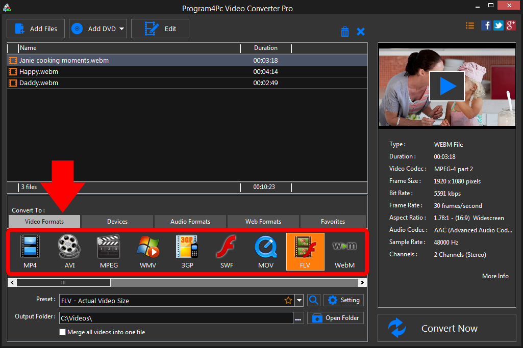 Select FLV file format and convert it