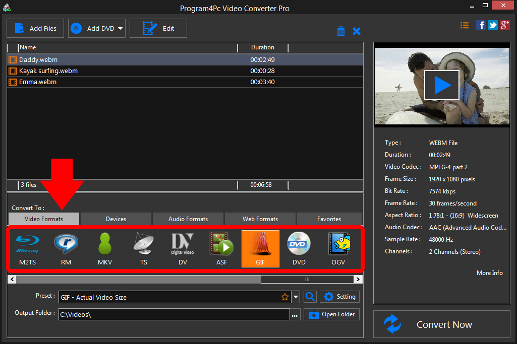 Select GIF file format and convert it