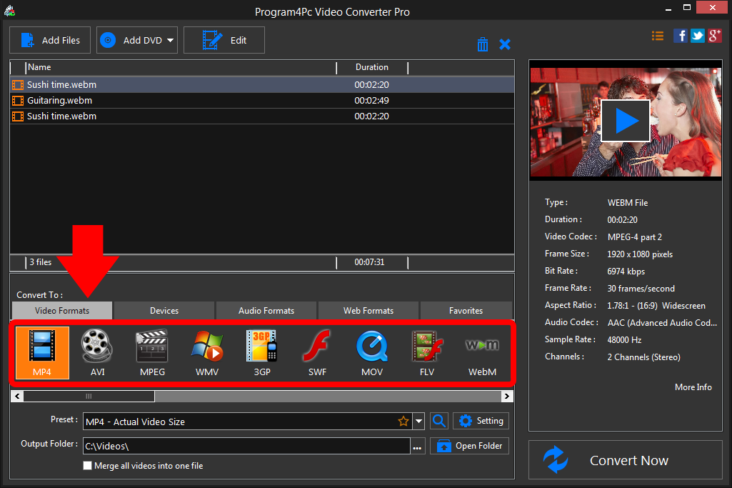 Select MP4 file format and convert it