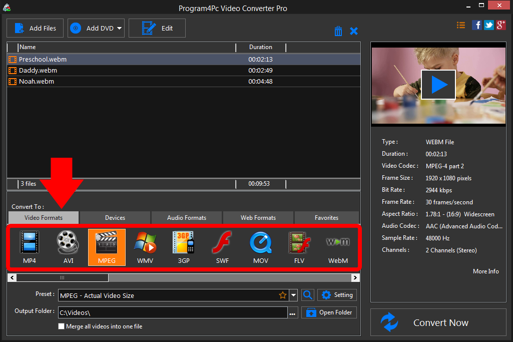 Select MPEG file format and convert it