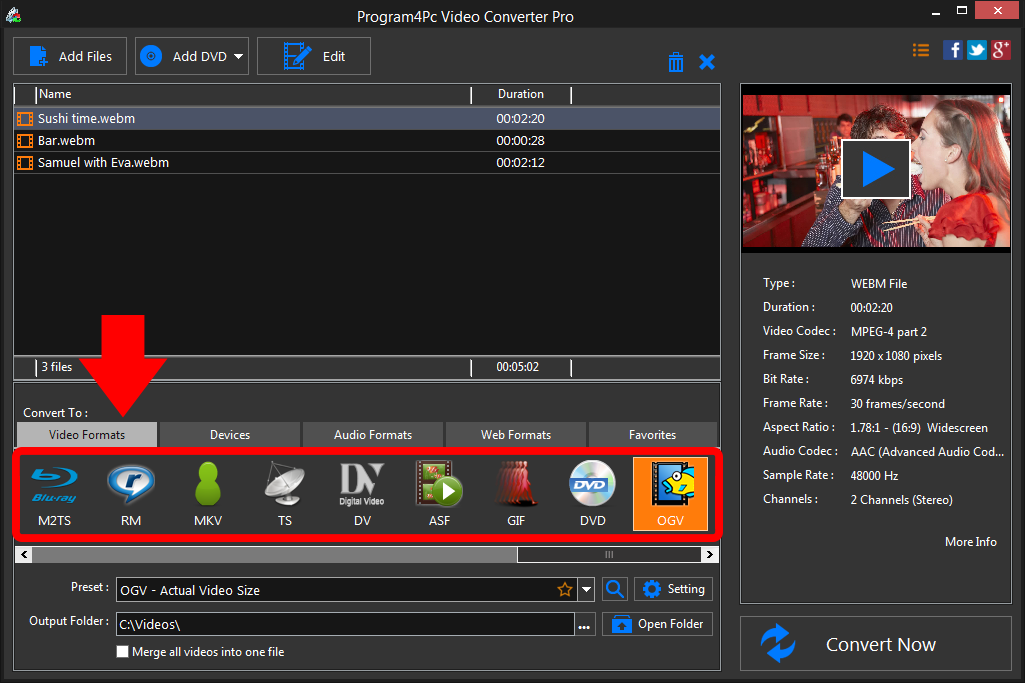 Select OGV file format and convert it