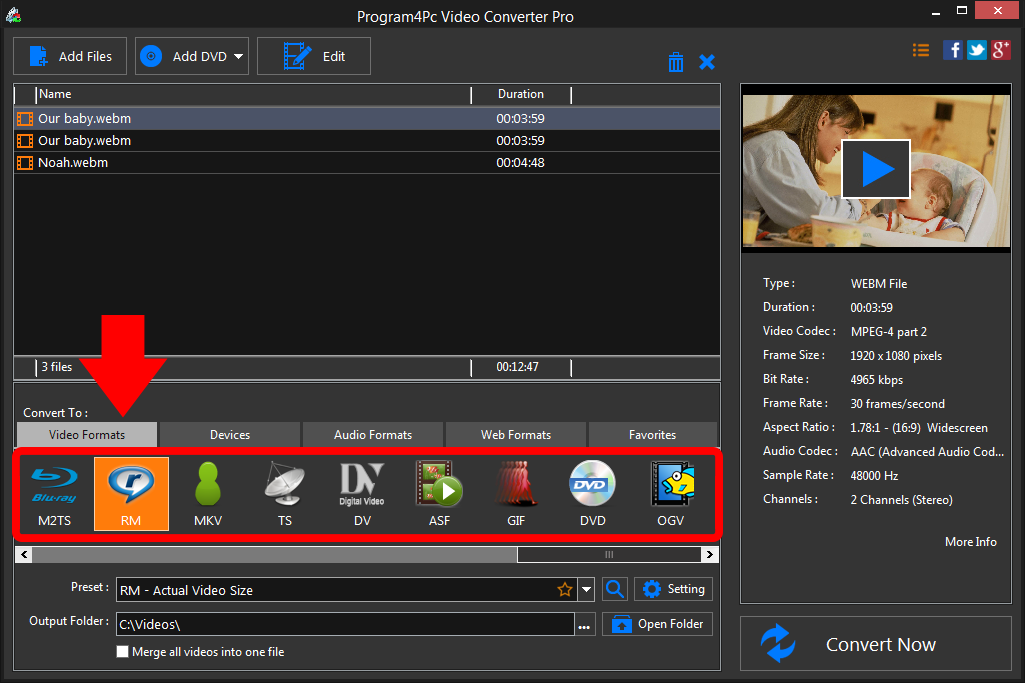 Select RM file format and convert it