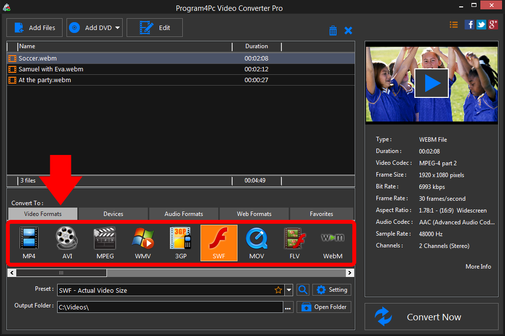Select SWF file format and convert it