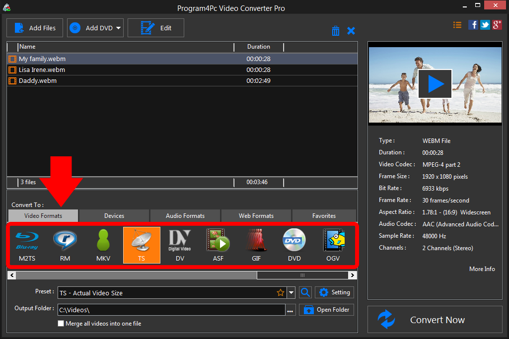 Select TS file format and convert it