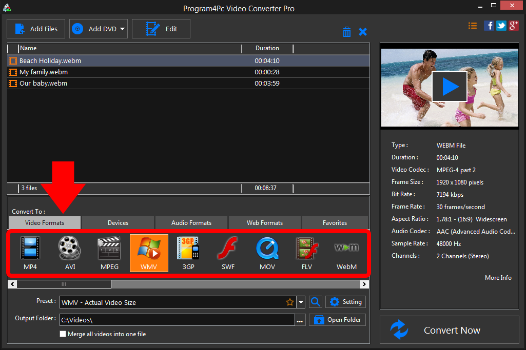 Select WMV file format and convert it